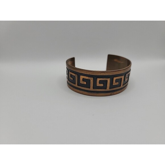 Vintage Solid Copper Bracelet Cuff Greek Key Geometric Statement Jewelry - Picture 1 of 11